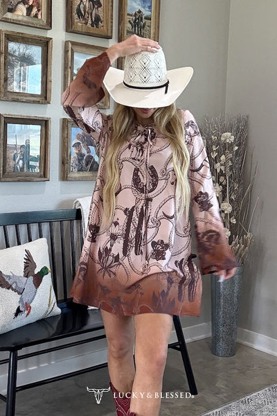 LADIES CAMEL ROPE PRINTED DRAWSTRING NECKLINE DRESS