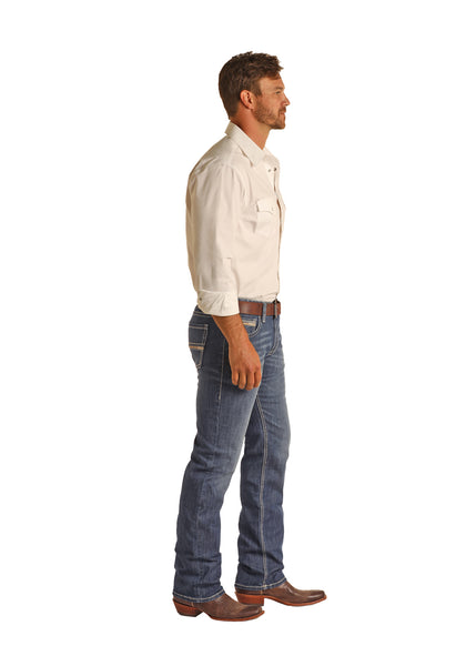 MENS STRAIGHT EMBROIDERED PKT REVOLVER DENIM JEANS