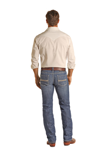 MENS STRAIGHT EMBROIDERED PKT REVOLVER DENIM JEANS