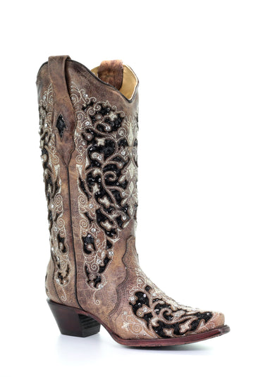 LD BROWN INLAY & FLOWERED EMB, STUDS & CRY BOOT