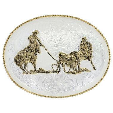 Large Silver Engraved Western Belt Buckle with Team Ropers
