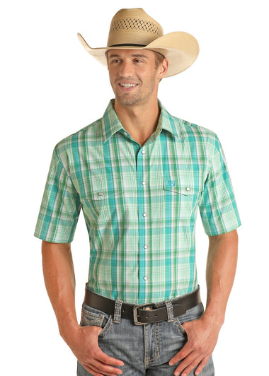 MENS GREEN PLAID SHORT SLEEVE SHIRT
