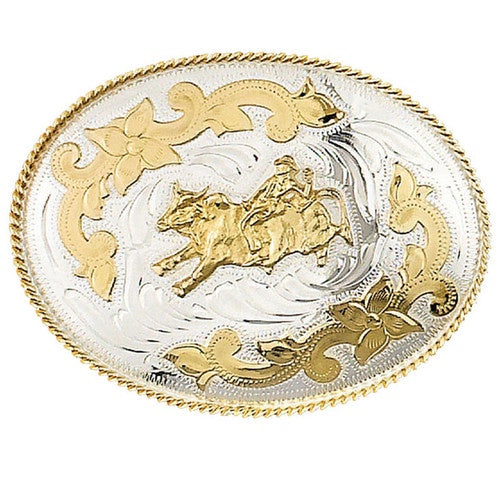 BULL RIDER GERMAN SILVER OVAL BELT BUCKLE WITH FLORAL SCROLLS
