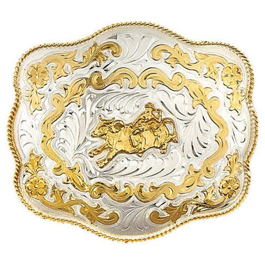 OVERSIZED BULL RIDER SILVER BELT BUCKLE WITH SCROLL PATTERN