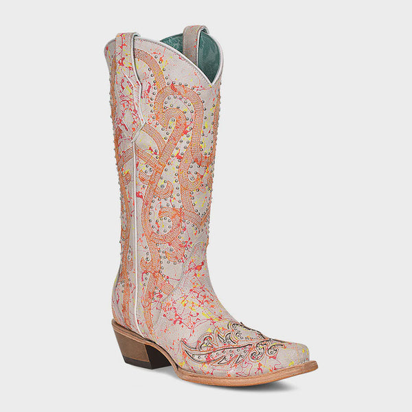 LADIES MULTI COLOR SPLASH EMBROIDERY & STUDS WHITE BOOTS