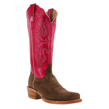 LD CIDER BROWN ROUGH OUT COWHIDE/FUCHSIA GOAT BOOTS
