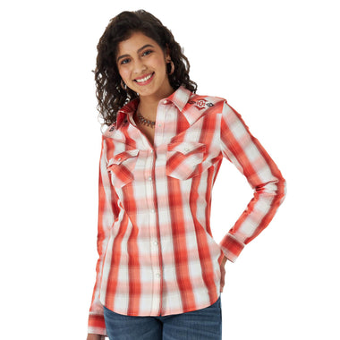 LADIES ORANGE PLAID LONG SLEEVE SHIRT