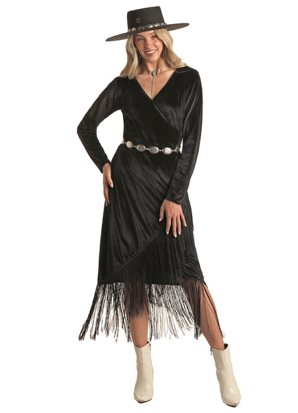 LADIES BLACK VELVET FRINGE WRAP DRESS