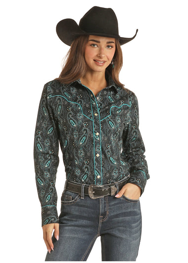 LADIES LS PAISLEY SNAP WITH PIPING SHIRT