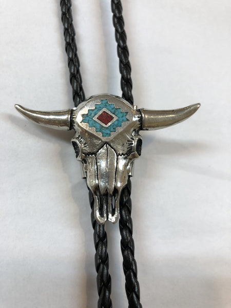STEERHEAD BOLO TIE WITH TURQUOISE & CORAL