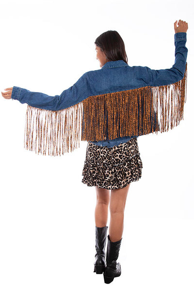 LADIES DENIM JACKET WITH LEOPARD FRINGE