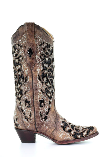 LD BROWN INLAY & FLOWERED EMB, STUDS & CRY BOOT