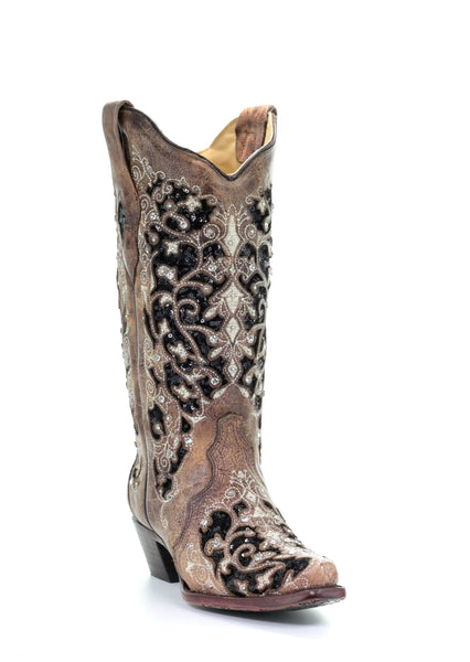 LD BROWN INLAY & FLOWERED EMB, STUDS & CRY BOOT