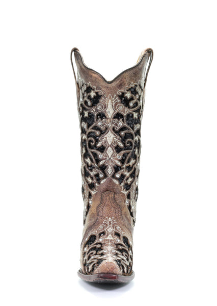 LD BROWN INLAY & FLOWERED EMB, STUDS & CRY BOOT