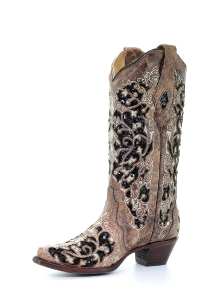 LD BROWN INLAY & FLOWERED EMB, STUDS & CRY BOOT