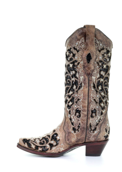 LD BROWN INLAY & FLOWERED EMB, STUDS & CRY BOOT