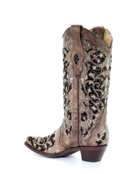 LD BROWN INLAY & FLOWERED EMB, STUDS & CRY BOOT