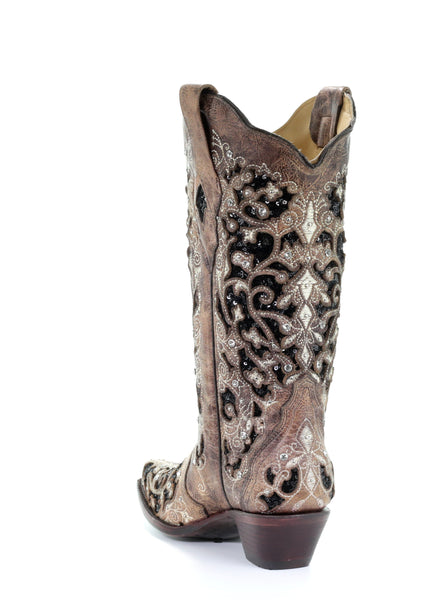 LD BROWN INLAY & FLOWERED EMB, STUDS & CRY BOOT