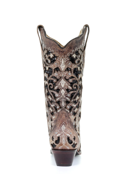 LD BROWN INLAY & FLOWERED EMB, STUDS & CRY BOOT