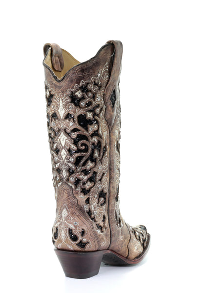 LD BROWN INLAY & FLOWERED EMB, STUDS & CRY BOOT