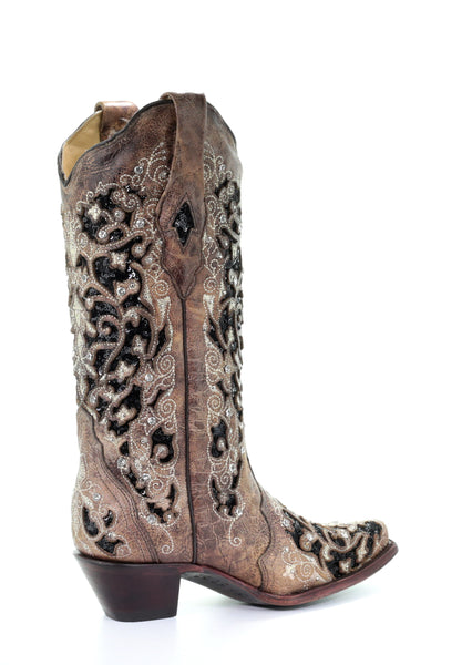 LD BROWN INLAY & FLOWERED EMB, STUDS & CRY BOOT